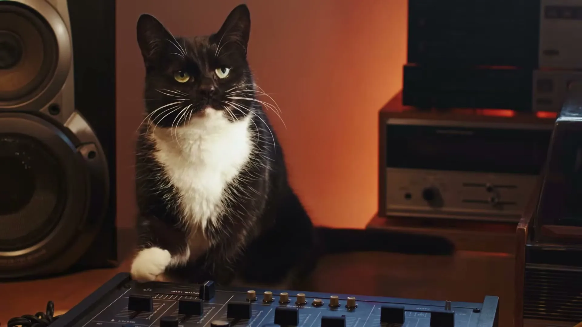 A black and white cat with green eyes sits on a wooden table with its paw on a DJ mixer, looking at the camera in a dimly lit room.
