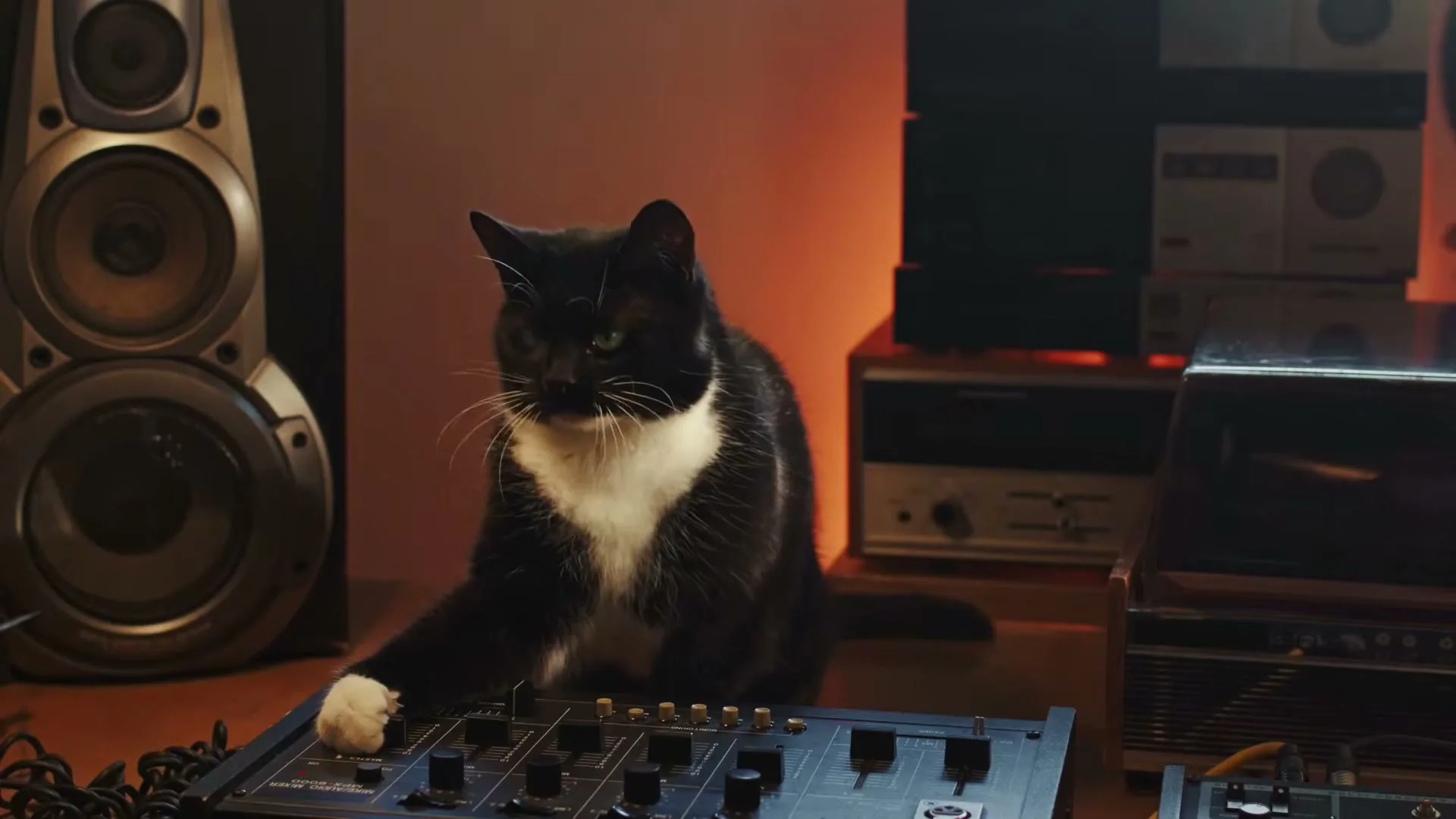 A black and white cat with green eyes sits at a DJ mixer, with one paw on the controls, surrounded by speakers and audio equipment in a dimly lit room.