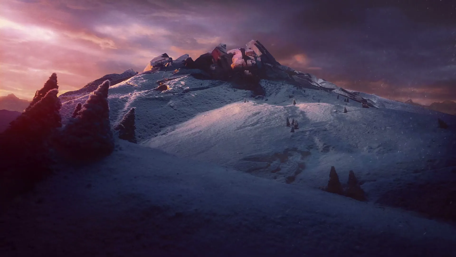 A wide shot of a snow-covered mountain at dusk, with a glowing orange path appearing on its side, under a dramatic sky.