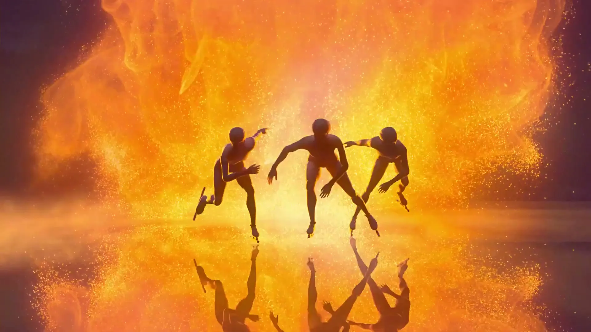 Three stylized figures, resembling speed skaters, glide across a reflective surface amidst a vibrant, fiery orange and yellow particle cloud.
