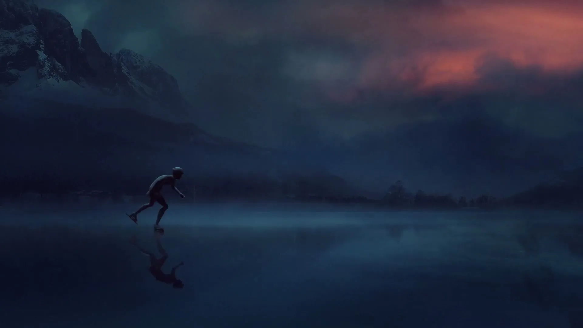 A male figure in athletic wear skates across a misty lake, leaving a trail of fire, with mountains and a dramatic sky in the background.