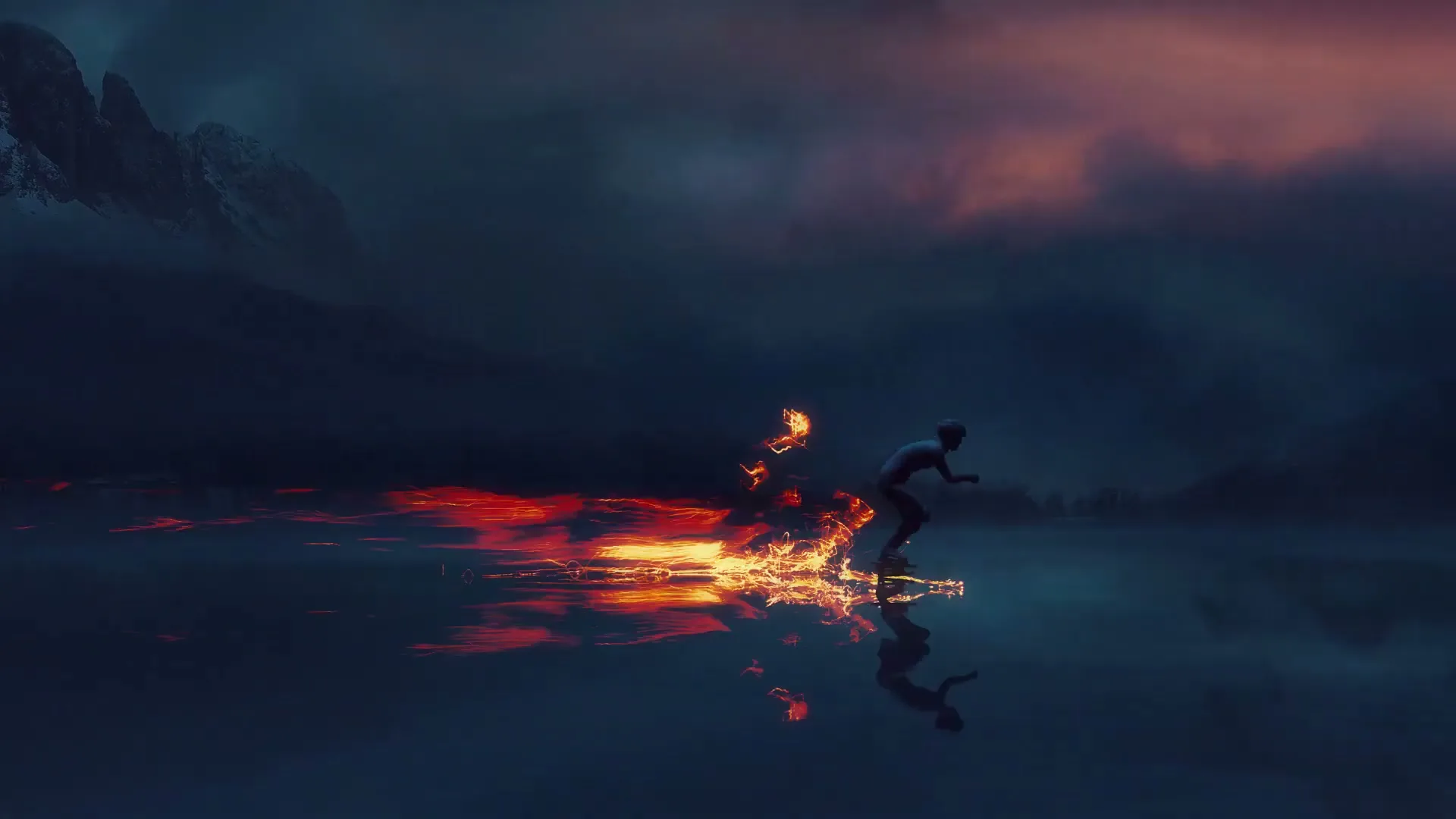 A lone figure ice skates across a frozen lake, leaving a trail of fire behind them, with mountains and a dramatic sky in the background.