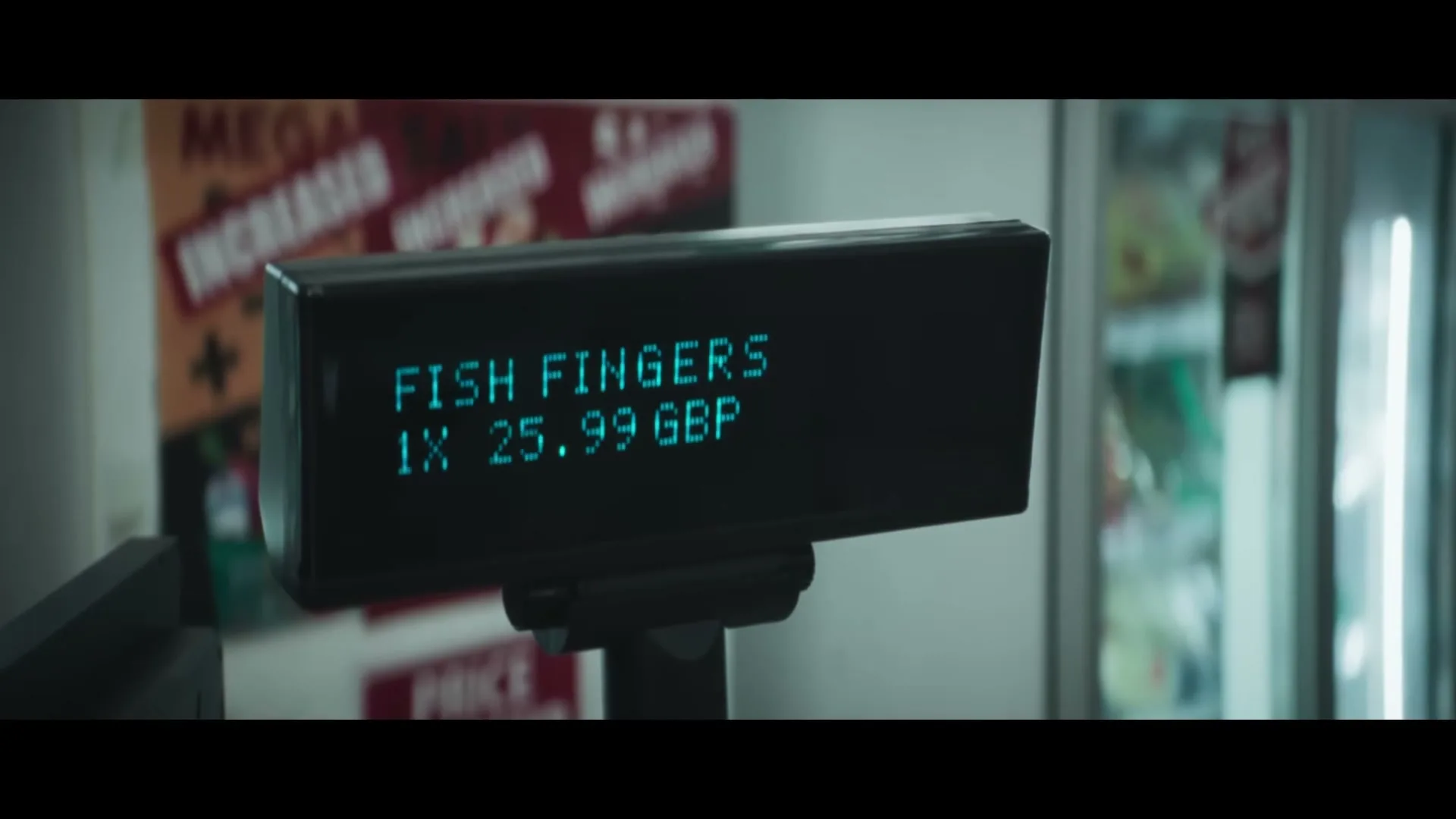 A close-up shot of a digital display at a checkout counter, showing the price of "FISH FINGERS" rapidly increasing and the screen cracking.