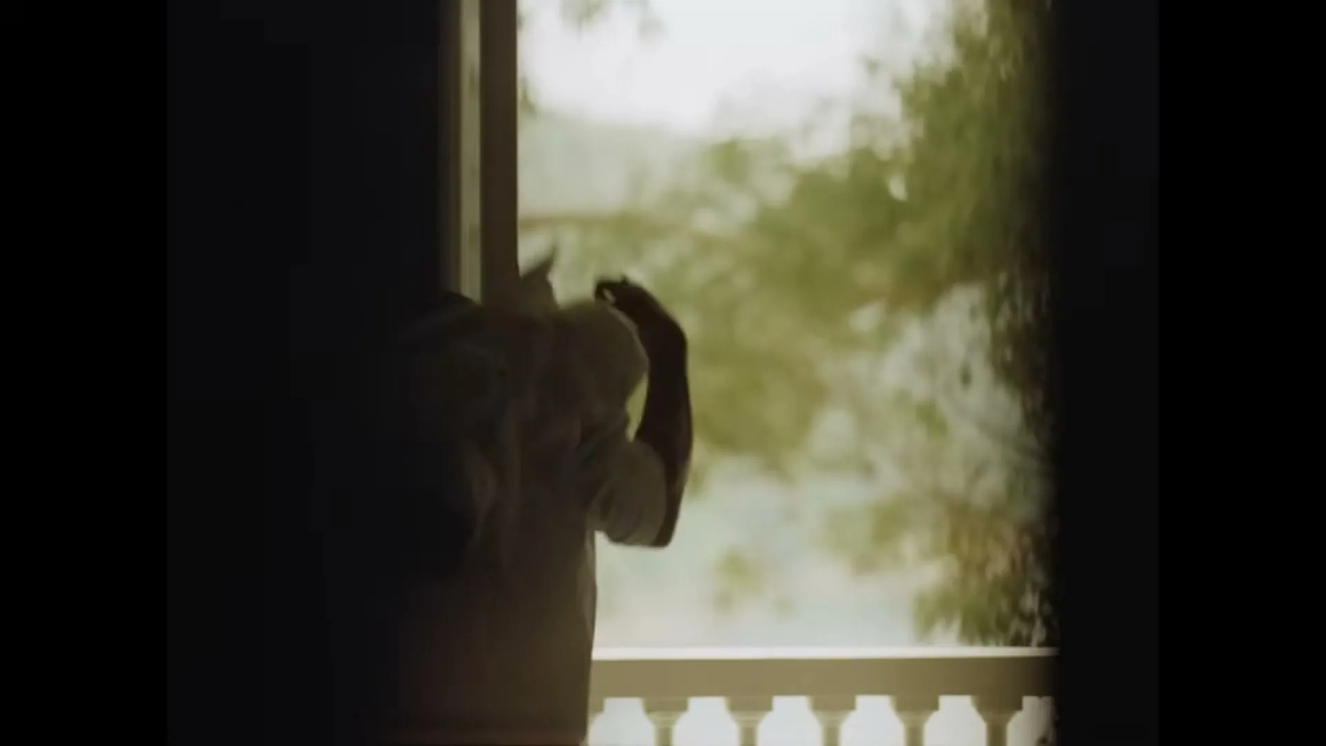 A person in a white shirt stands silhouetted in a doorway, looking out onto a bright, blurry green exterior with a white railing.