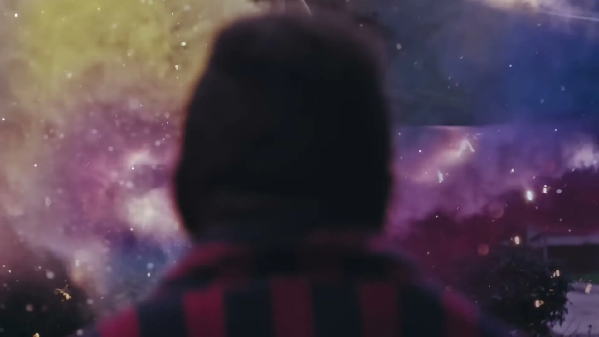 A person with dark hair and a red and black striped shirt stands with their back to the camera, looking at a colorful, sparkling, magical scene.