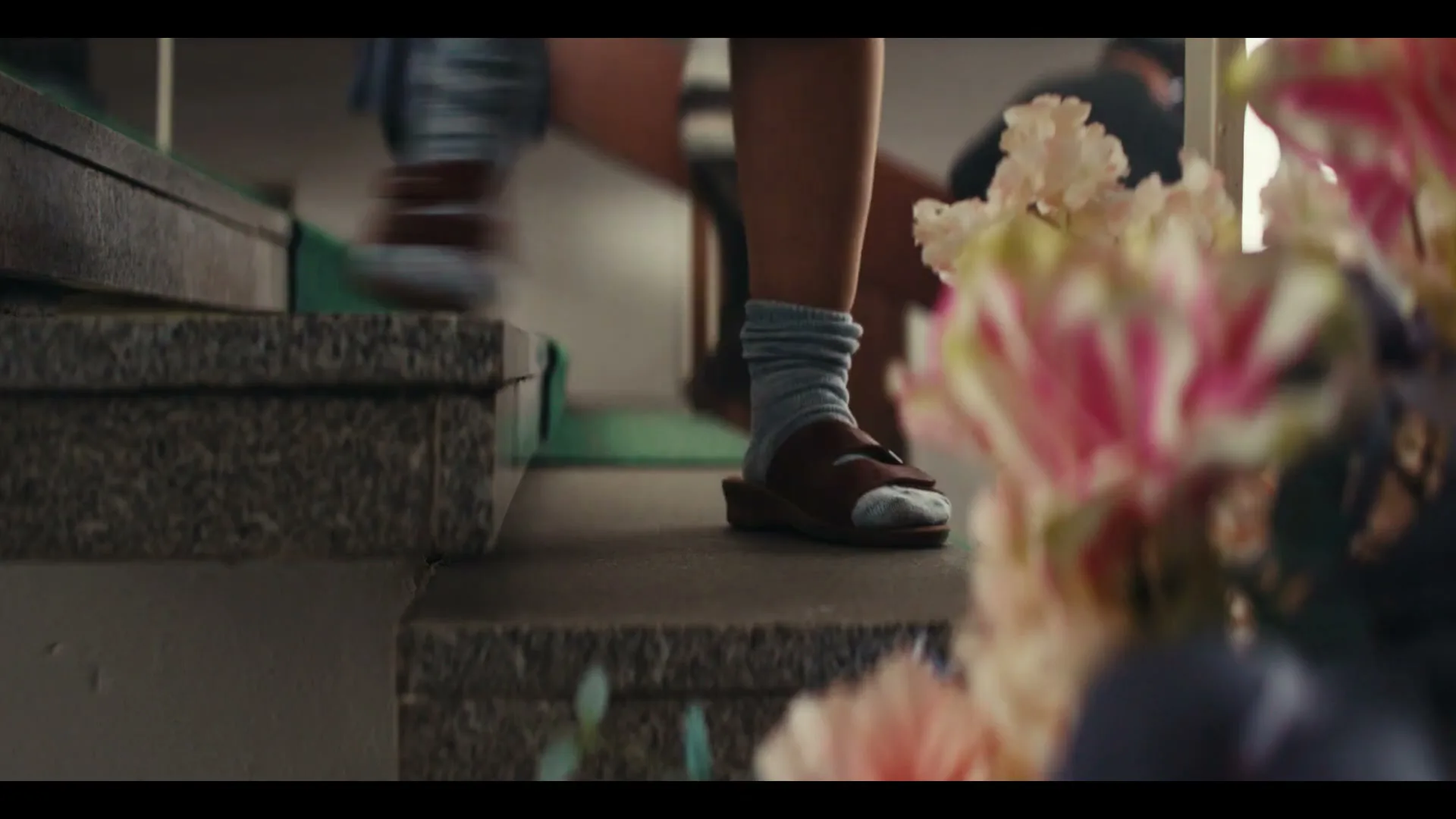 A person's feet in blue socks and brown sandals descend a stone staircase, with blurred flowers in the foreground.