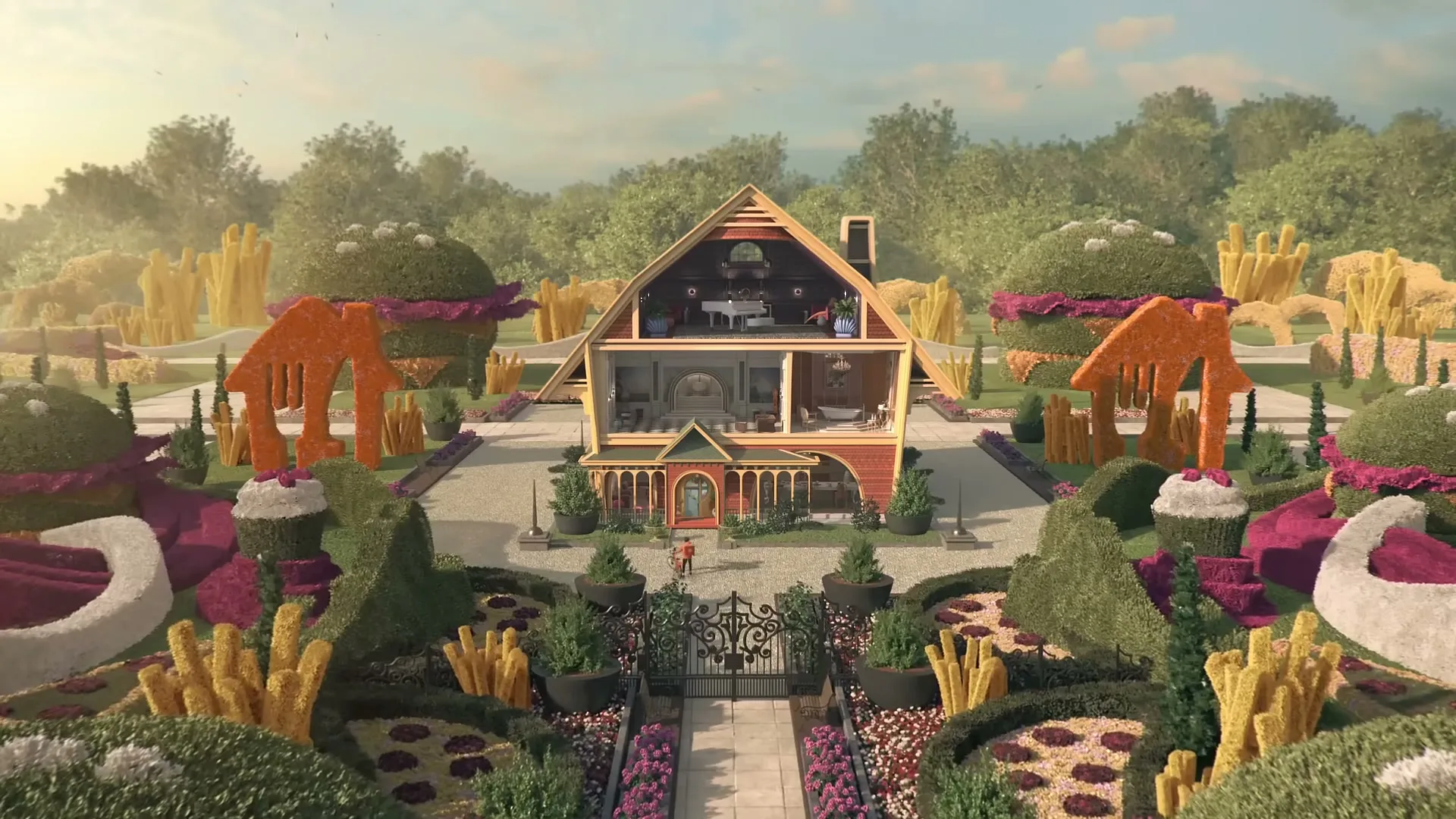 A whimsical, dollhouse-like cross-section of a house stands in a garden filled with food-shaped topiary, under a bright sky.
