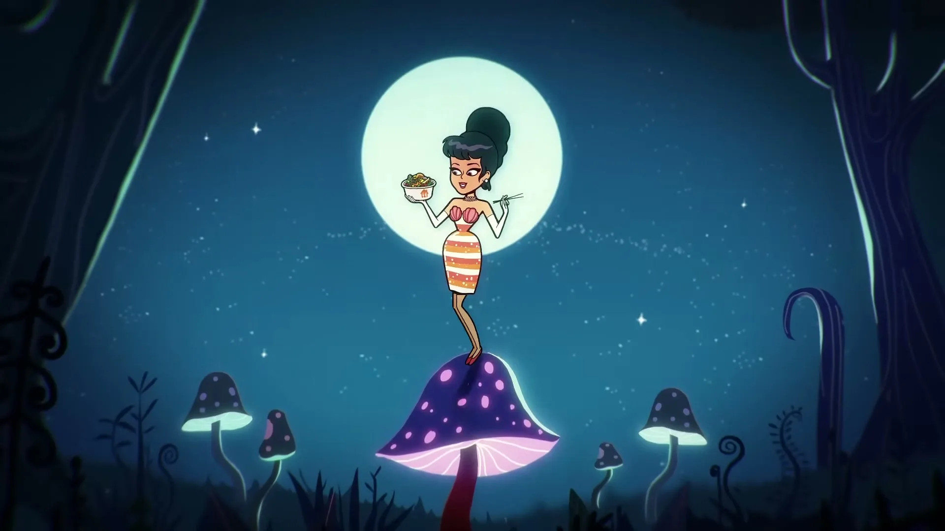 An animated woman with dark hair in a beehive stands on a glowing mushroom, holding a bowl of food and chopsticks under a full moon.