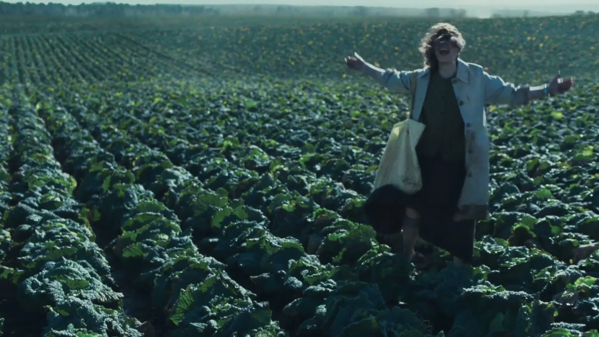 A woman in a long coat and dress stands in a vast field of green crops, throwing her arms up in exasperation.