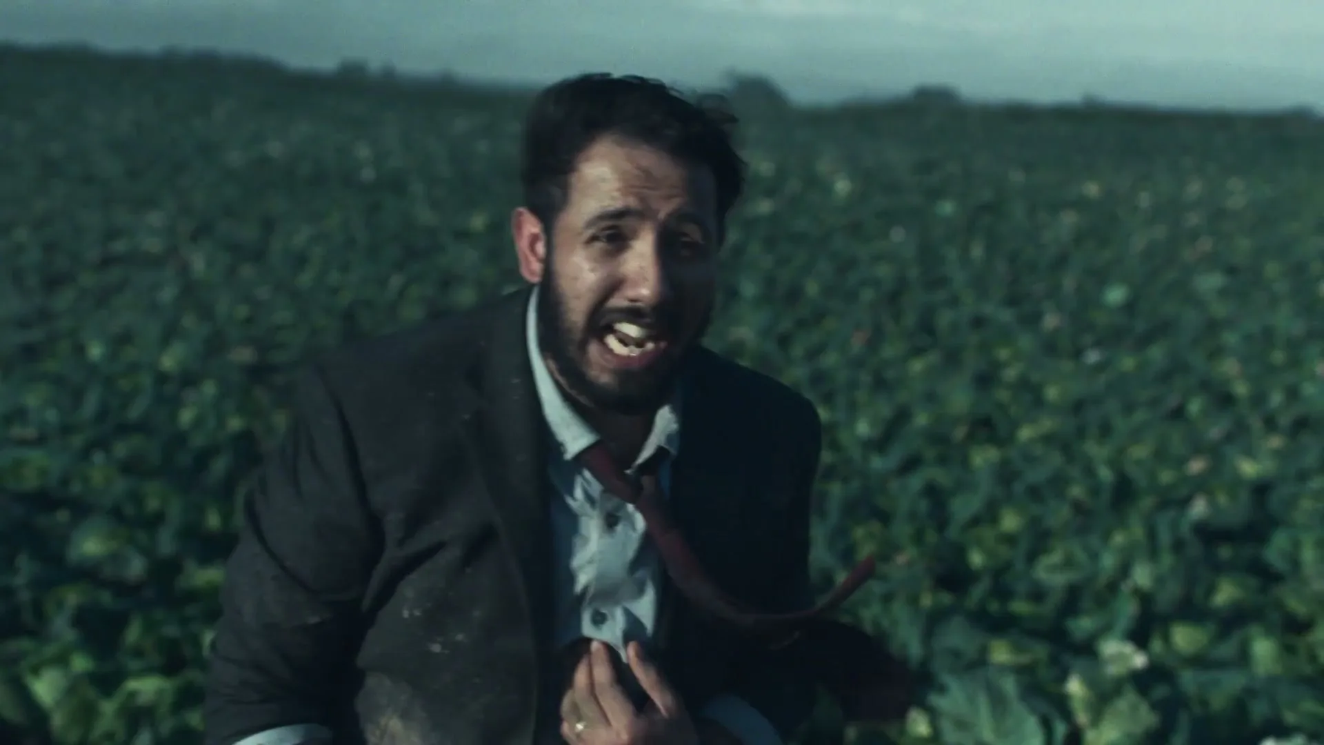 A disheveled man in a suit, covered in dirt, looks distressed and confused while standing in a vast field of green crops under a cloudy sky.