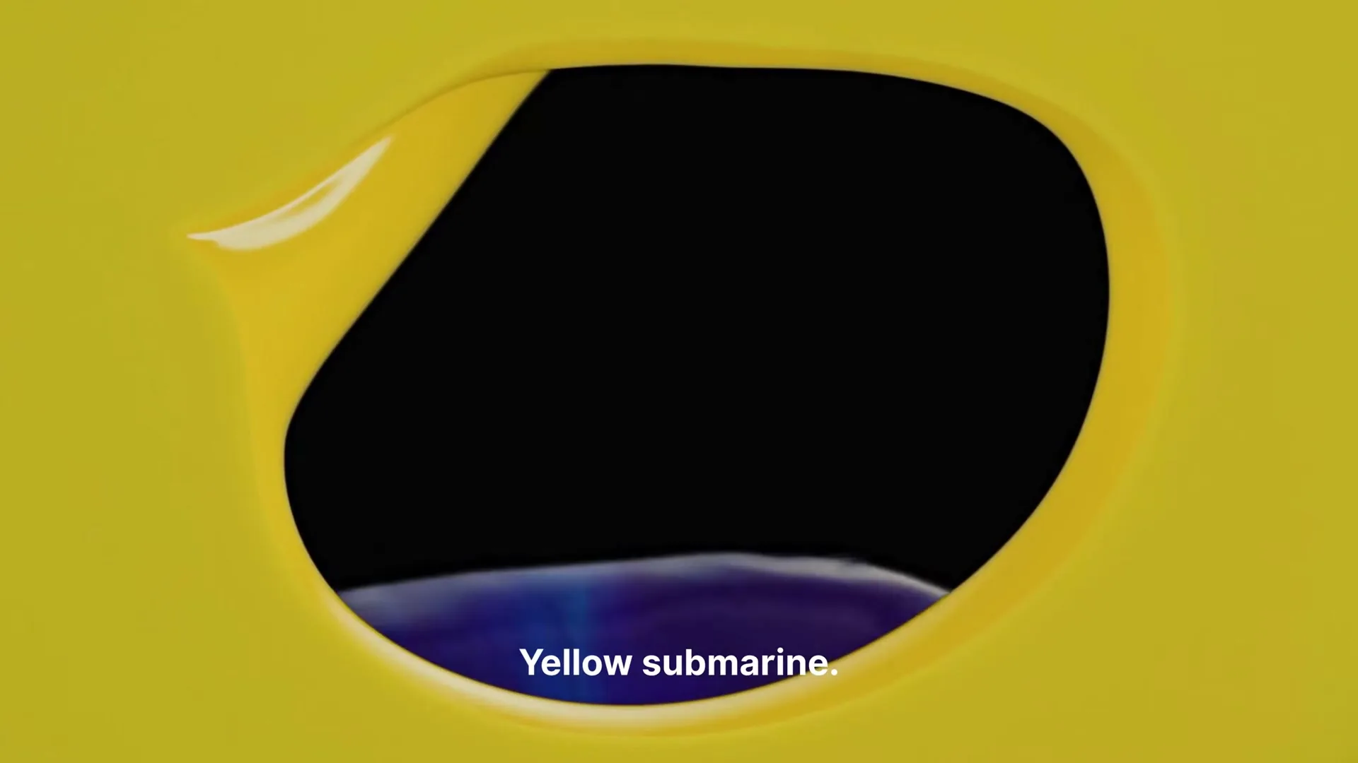 A yellow, abstract shape with a black void in the center, which then fills with blue liquid, creating a dynamic visual.
