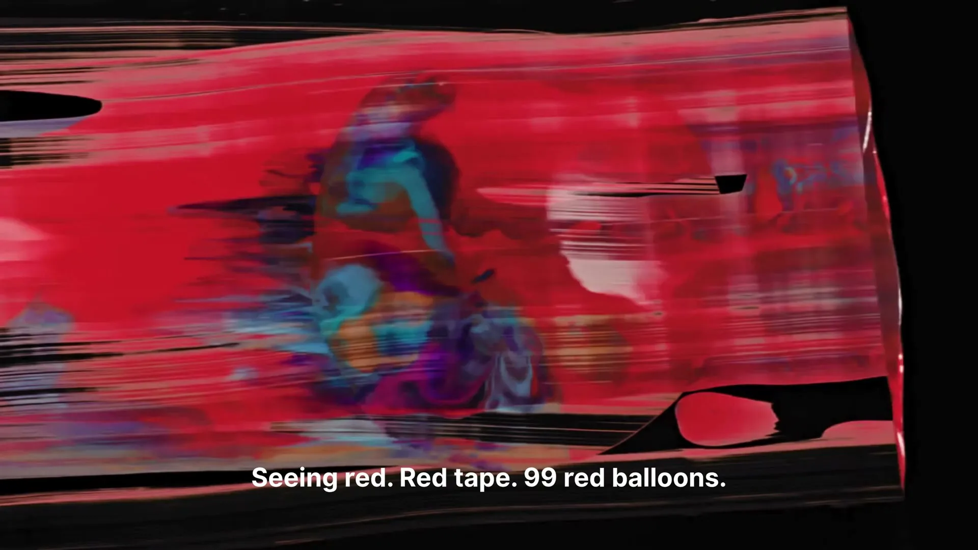A vibrant, abstract visual of red and blue paint streaks, resembling a distorted human form, against a black background with on-screen text.