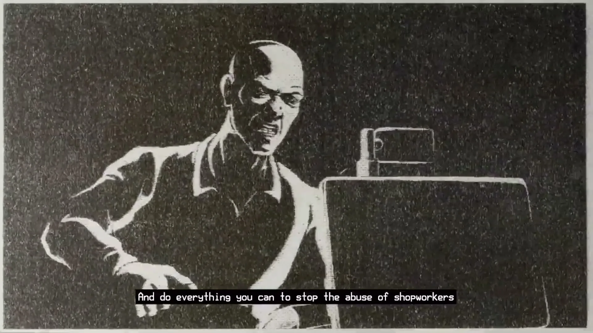 A black and white animated man with a bald head and angry expression points his finger at a woman, as the camera zooms in on his face.