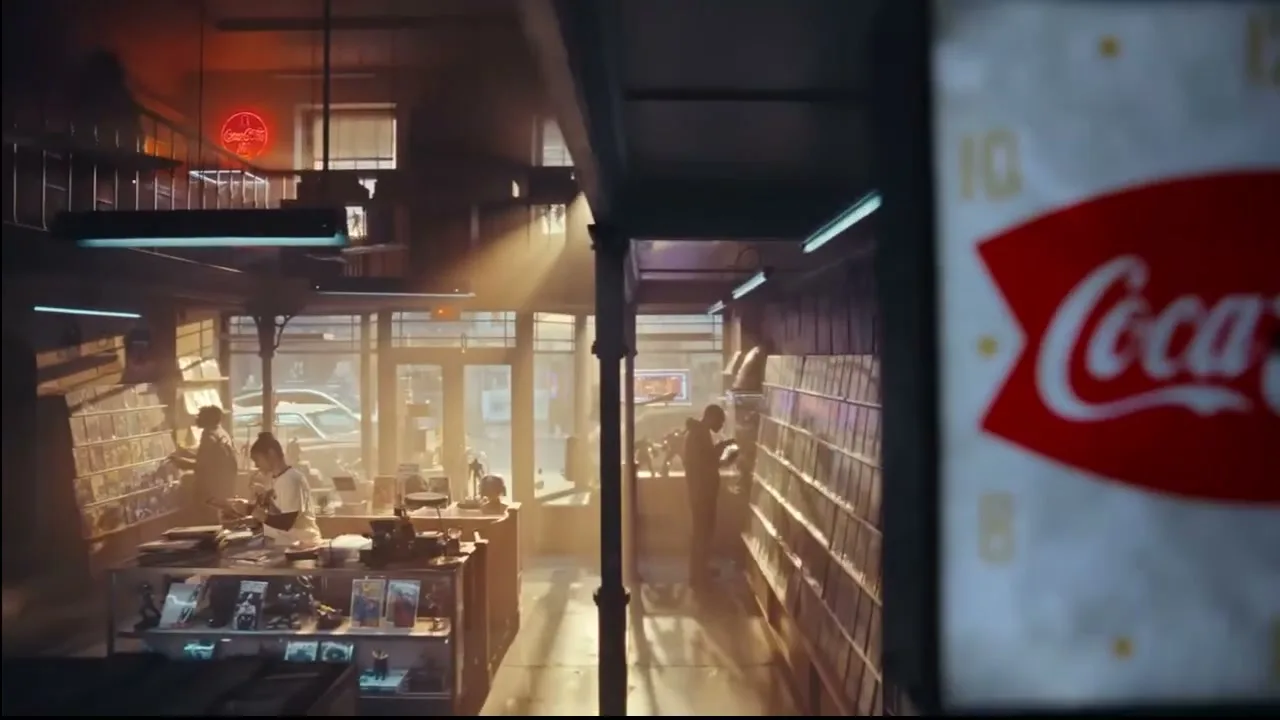 A Coca-Cola clock is in the foreground, out of focus, while a comic book store with customers and employees is in the background.