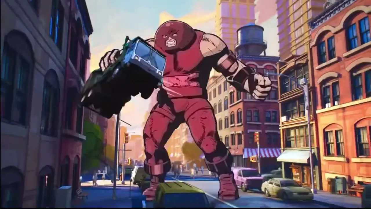 The Juggernaut, a large, muscular man in a red helmet and suit, lifts a garbage truck in a city street.