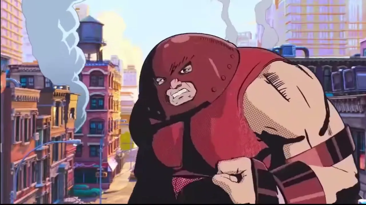 The Juggernaut, a large male figure in a red helmet and armor, turns and roars at the viewer in a stylized animated city.