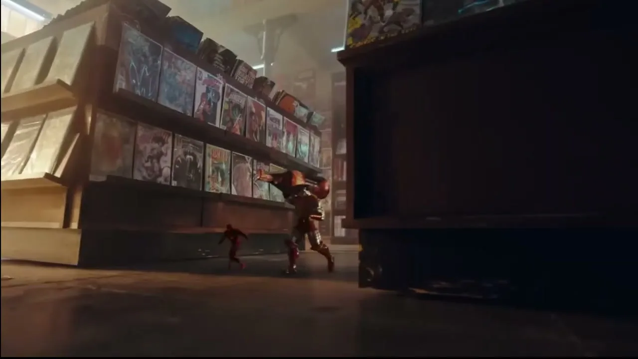 Spider-Man and Iron Man, in their iconic suits, are seen running through a comic book store, with shelves full of comics surrounding them.