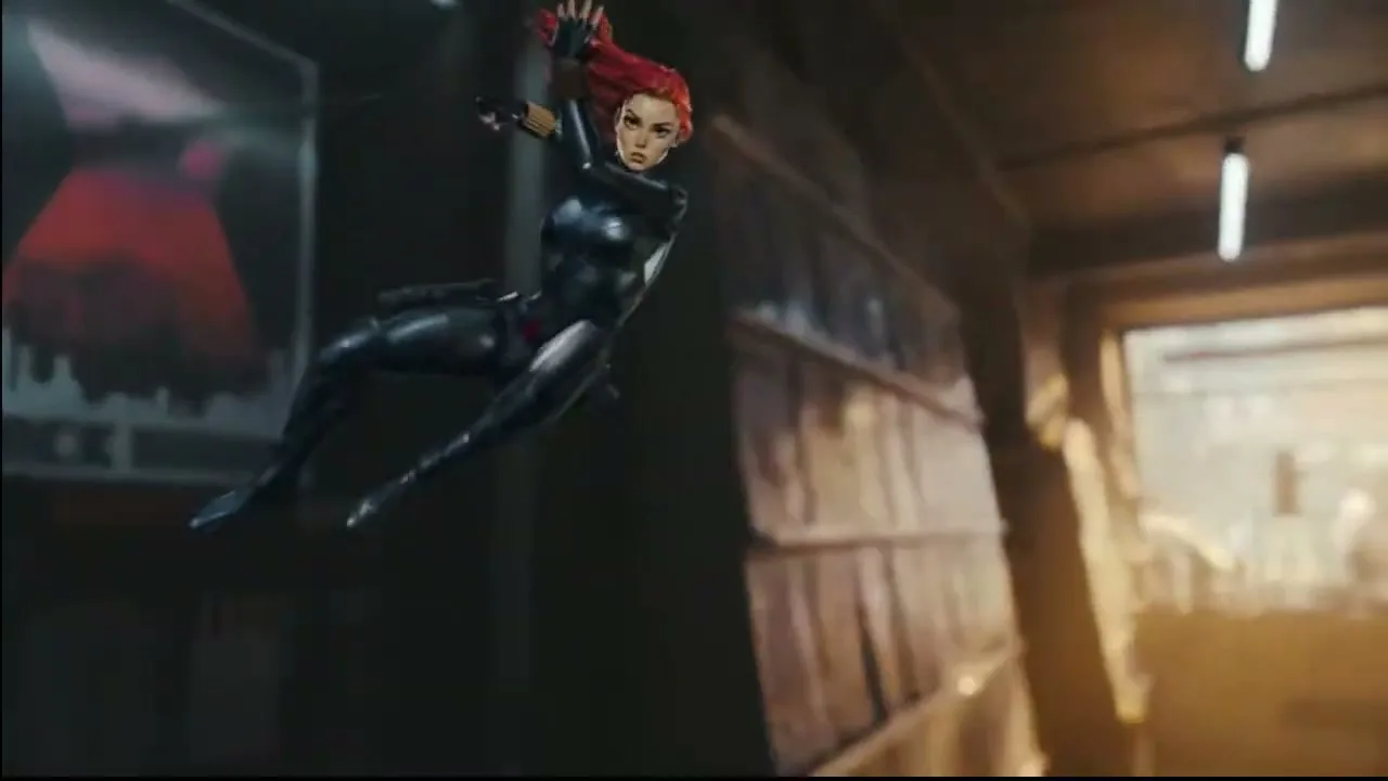 A Black Widow poster on a shelf comes to life as the character jumps out, mid-air, in a dark, industrial-looking hallway.