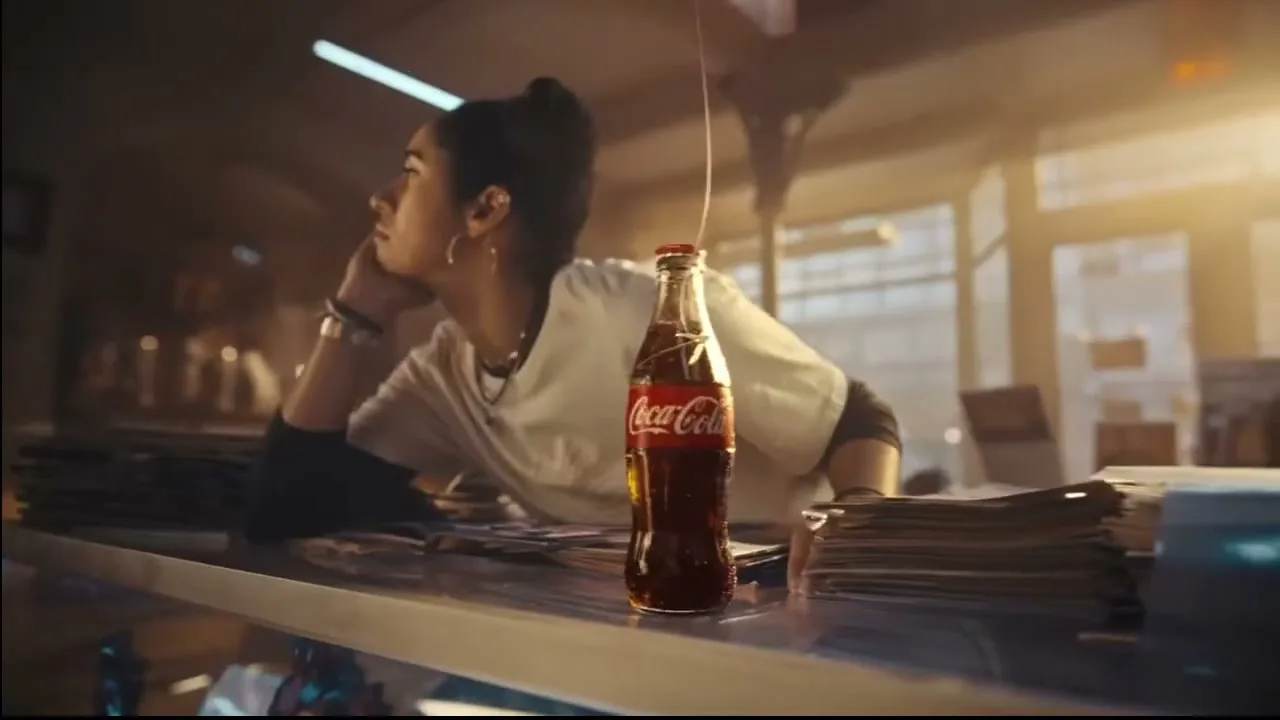 A young woman with dark hair in a bun, wearing a white t-shirt, leans on a counter, looking out a window in a dimly lit store.