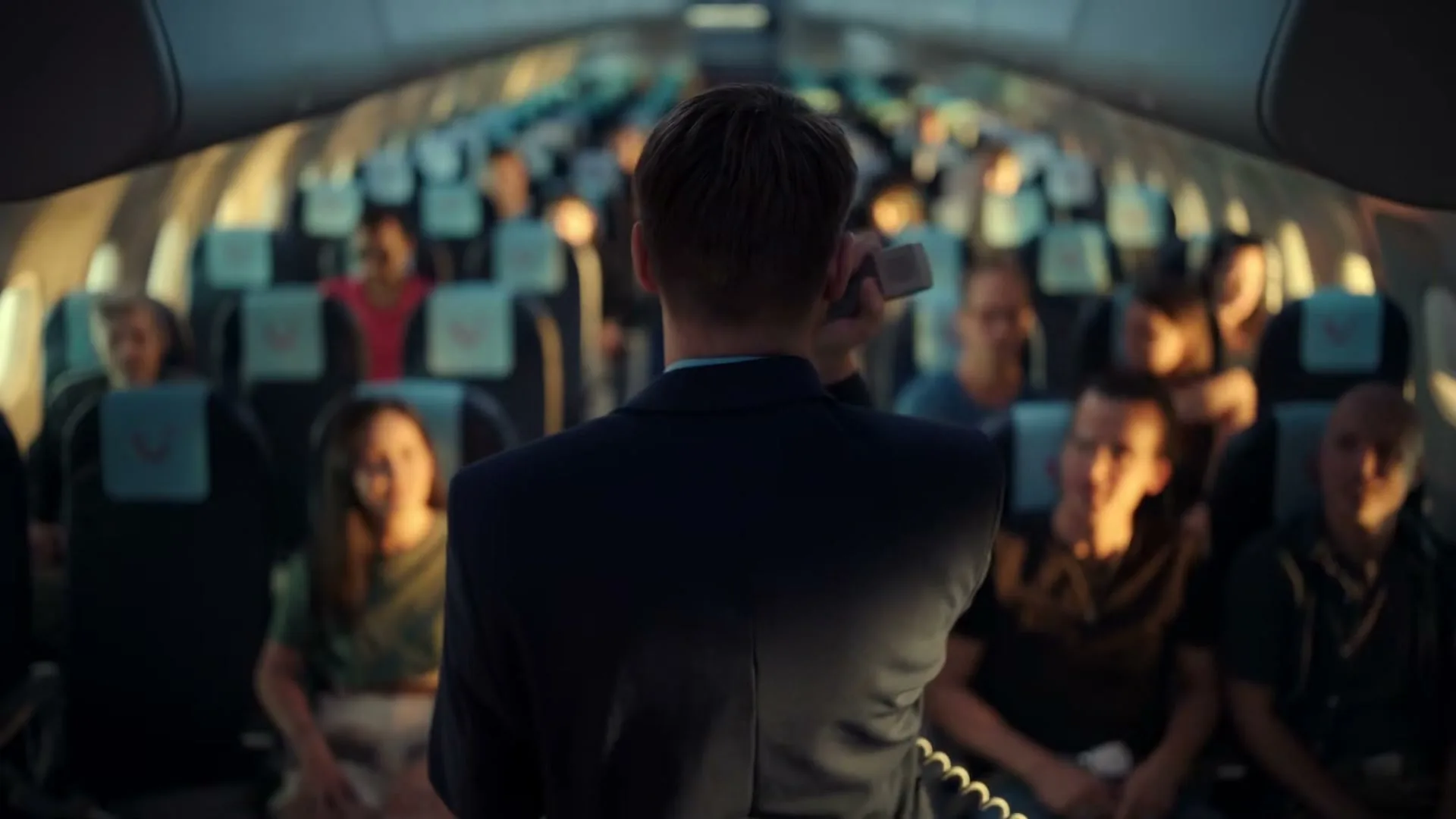 A male flight attendant, seen from behind, addresses passengers in an airplane cabin during golden hour, holding a microphone.