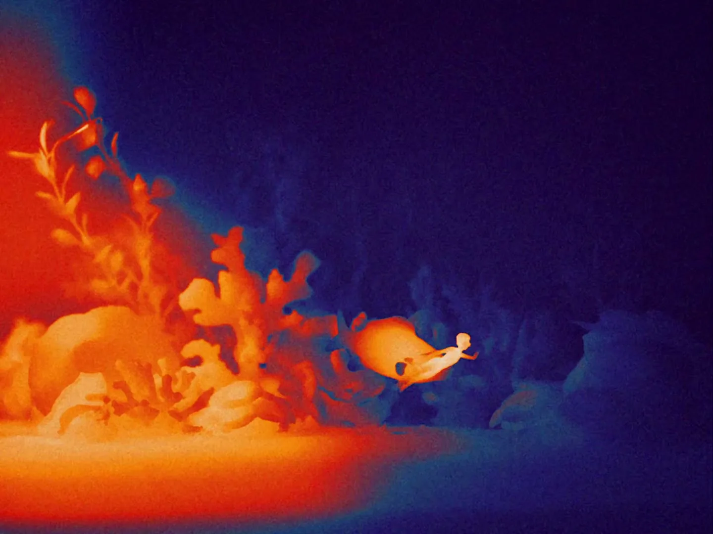 A small, stylized human figure swims away from a large, orange fish and coral in a dark blue, abstract underwater environment.