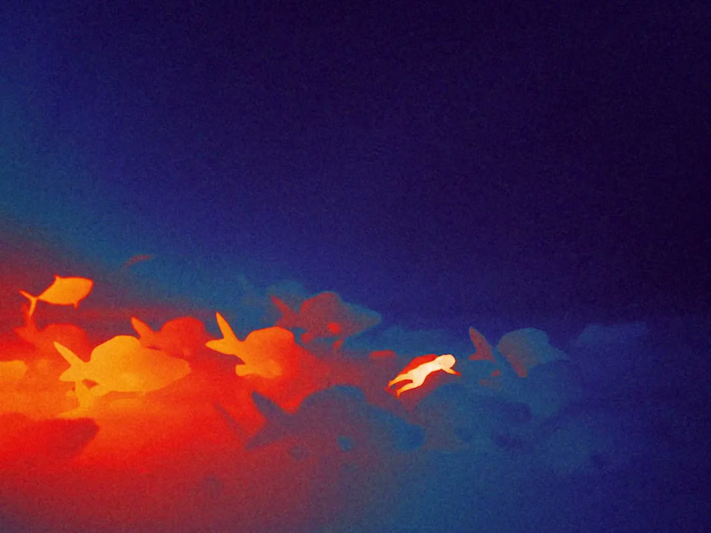 A stylized, glowing human figure floats upwards from a mass of red and orange shapes, against a dark blue background.