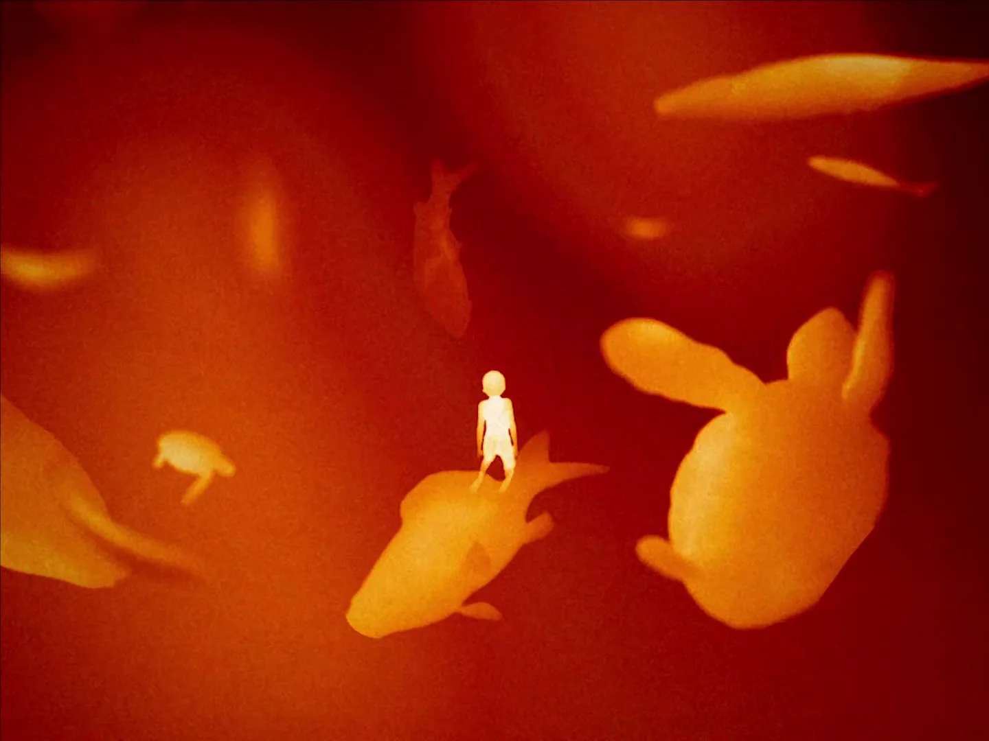 A small, white, stylized human figure floats amidst numerous glowing orange fish-like shapes in a dark orange, abstract environment.
