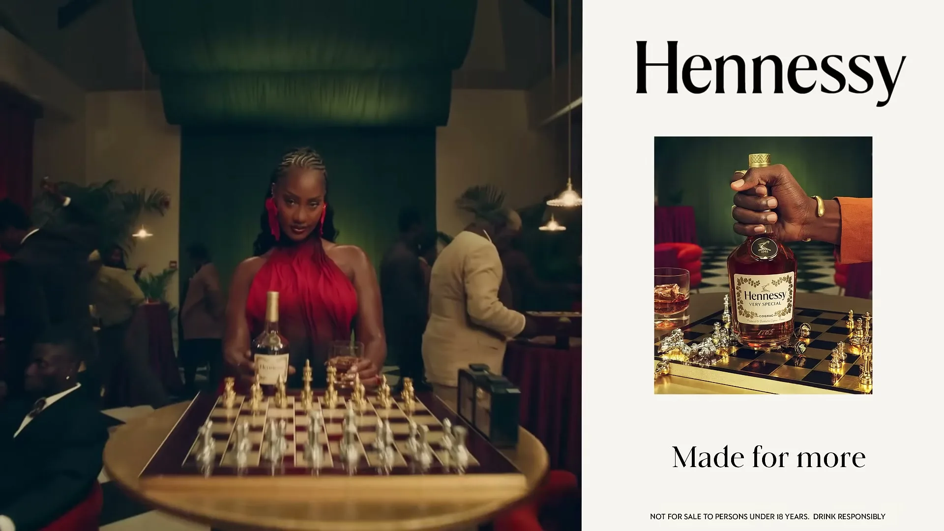 A stylish woman in a red dress pours Hennessy into a glass, then places the bottle on a chessboard in a lively, upscale club.