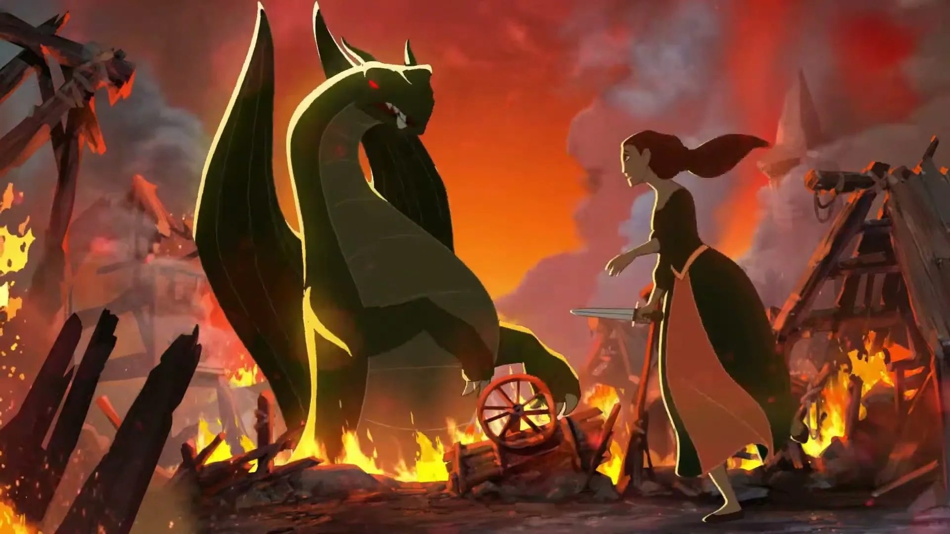 A young woman in a green dress holds a sword, confronting a large green dragon with glowing red eyes amidst a burning village.