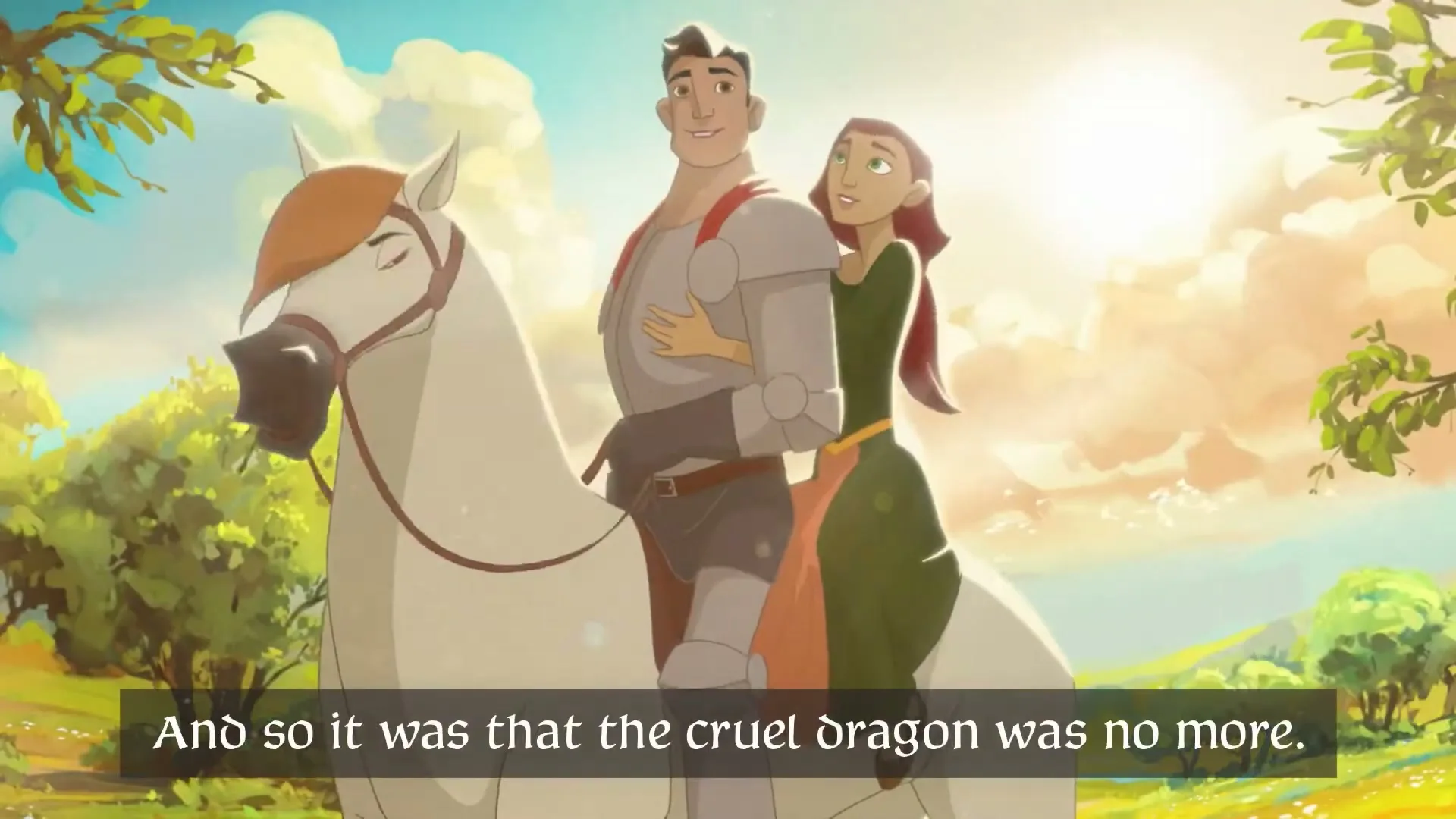 A knight in shining armor and a woman in a green dress ride a white horse through a sunny, green landscape, looking happy and relieved.
