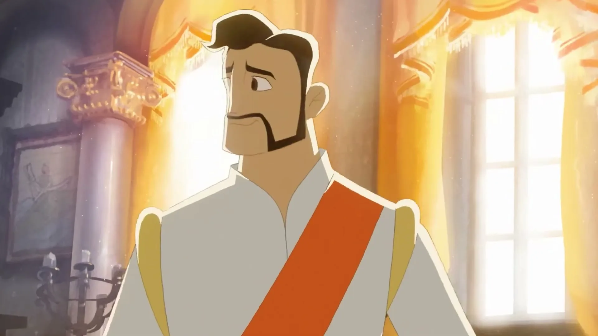 An animated prince, dressed in white and orange, looks distressed and then sad as he stands in a sunlit, ornate room.