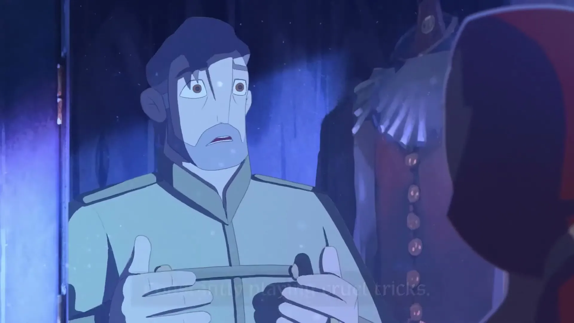An animated man with a beard and green uniform looks distressed, holding his hands up as if confused, in a dimly lit room with a red costume on a mannequin.