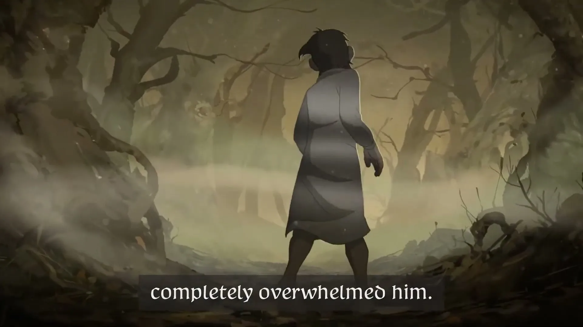 An animated man with a beard and dark hair, wearing a light-colored tunic, walks through a dark, misty forest, looking distressed.