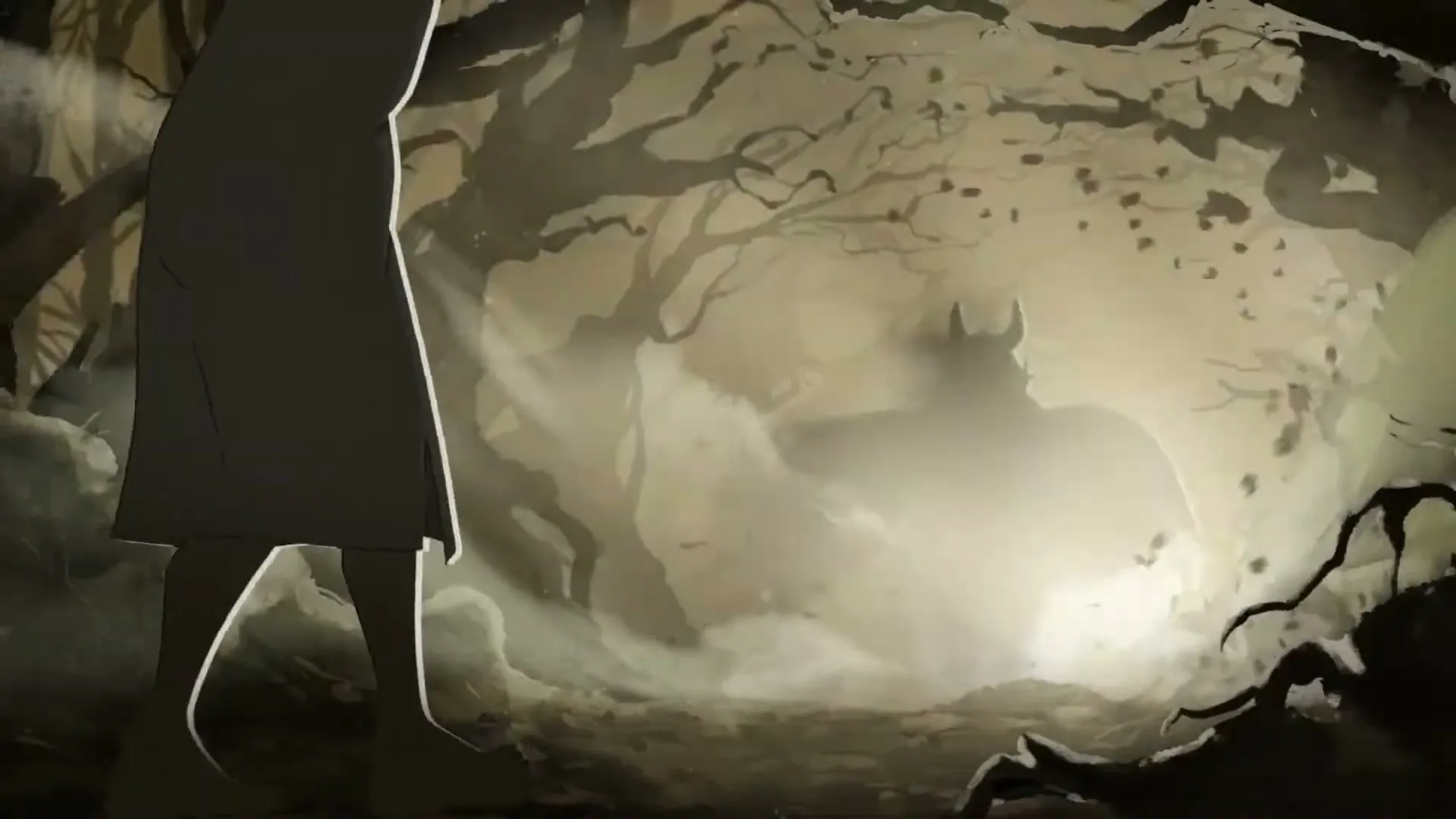 A man with a beard and messy hair, wearing a light shirt, reaches out with a scared expression in a dark, stylized forest.