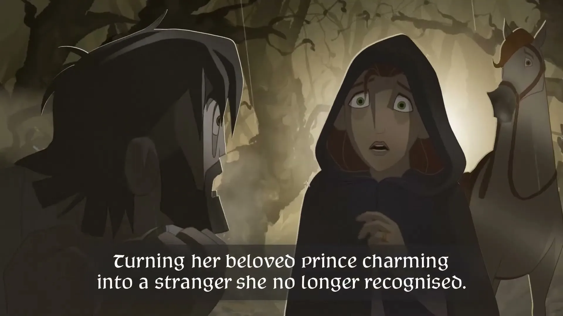 A woman in a dark hooded cloak looks distressed, facing a man whose face is obscured, in a dark, stylized animated forest.