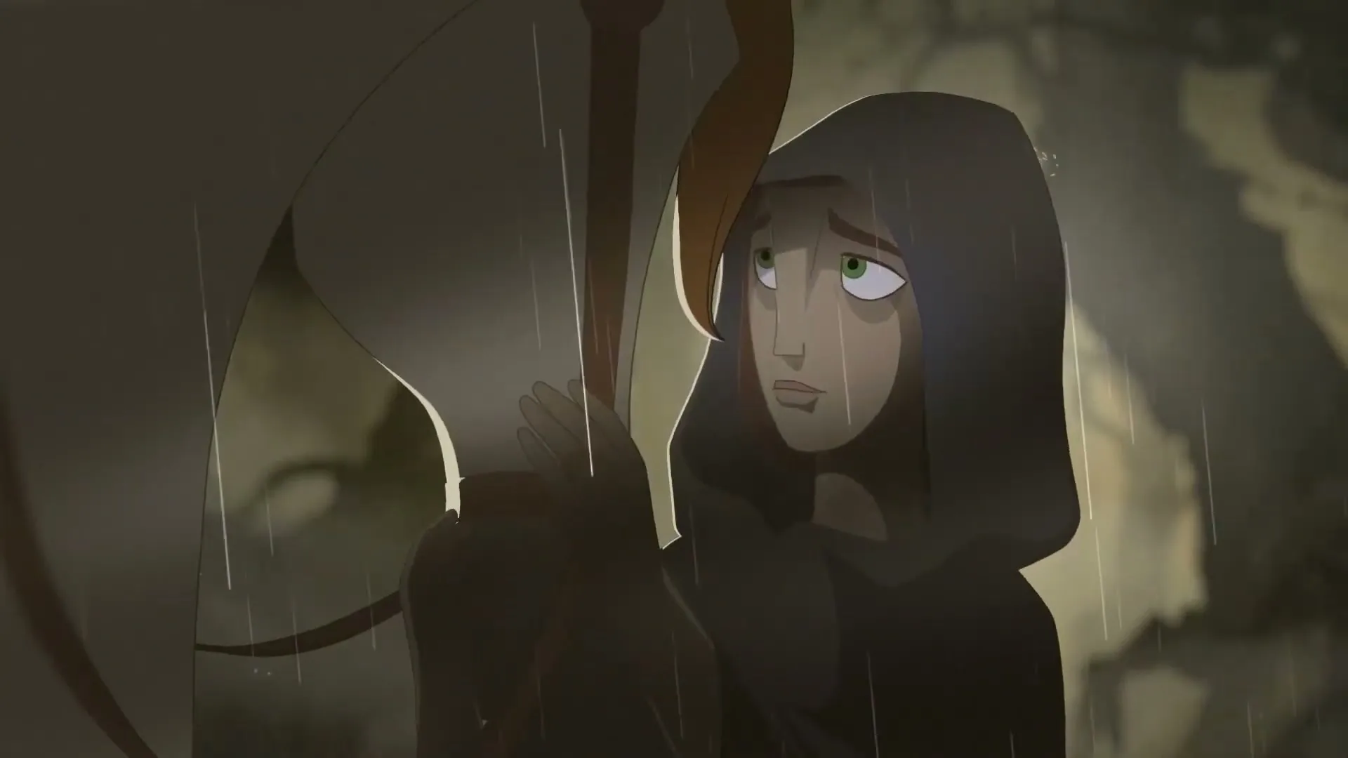 A young woman with red hair and a dark hooded cloak looks up with a worried expression, holding an umbrella in the rain.