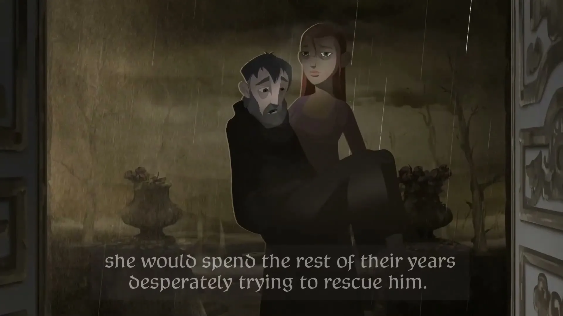 An animated woman with long red hair carries a man with a beard and dark clothes through a rainy, dark, ornate hallway.