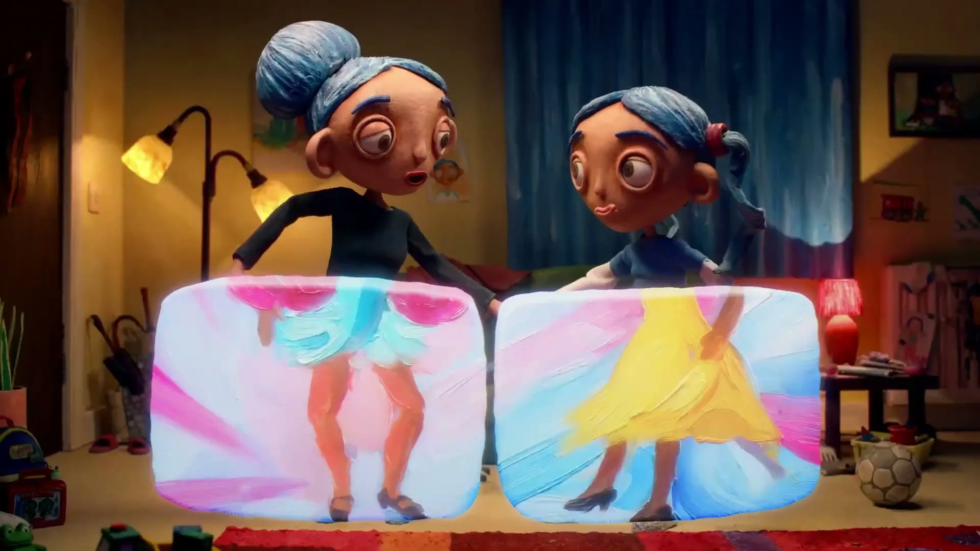 Two animated female characters, one older and one younger, look at two screens showing painted legs in a colorful room.