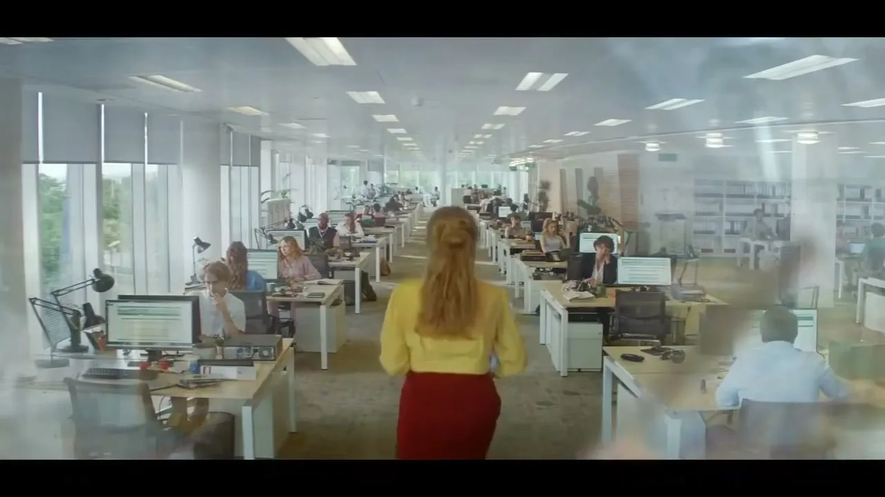 A woman in a yellow top and red skirt walks away from the camera through a busy, brightly lit open-plan office.
