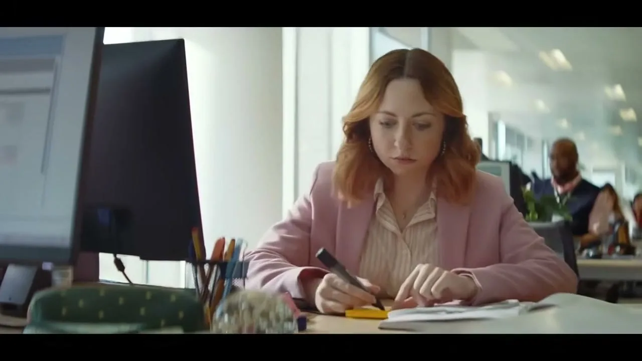 A young woman with reddish-brown hair, wearing a pink blazer, sits at her desk in a bright, modern office, highlighting a document.