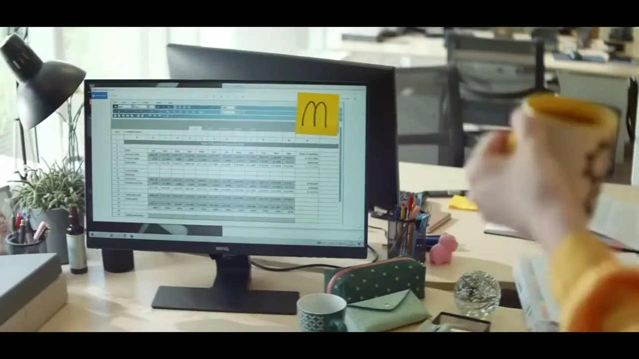 A person's hand holds a yellow mug, partially obscuring a computer monitor displaying a spreadsheet with a McDonald's sticky note in an office.