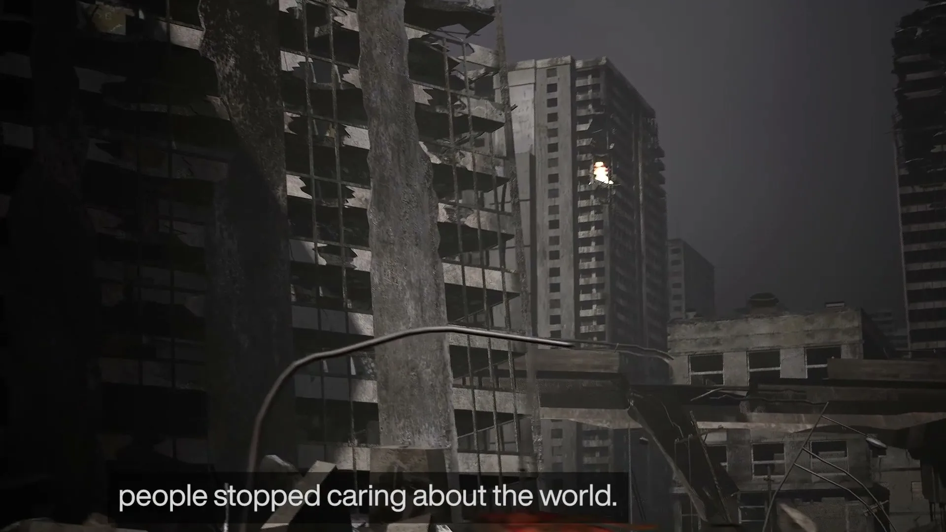 A wide shot of a destroyed city with crumbling buildings and debris, as text appears on screen describing a dystopian future.
