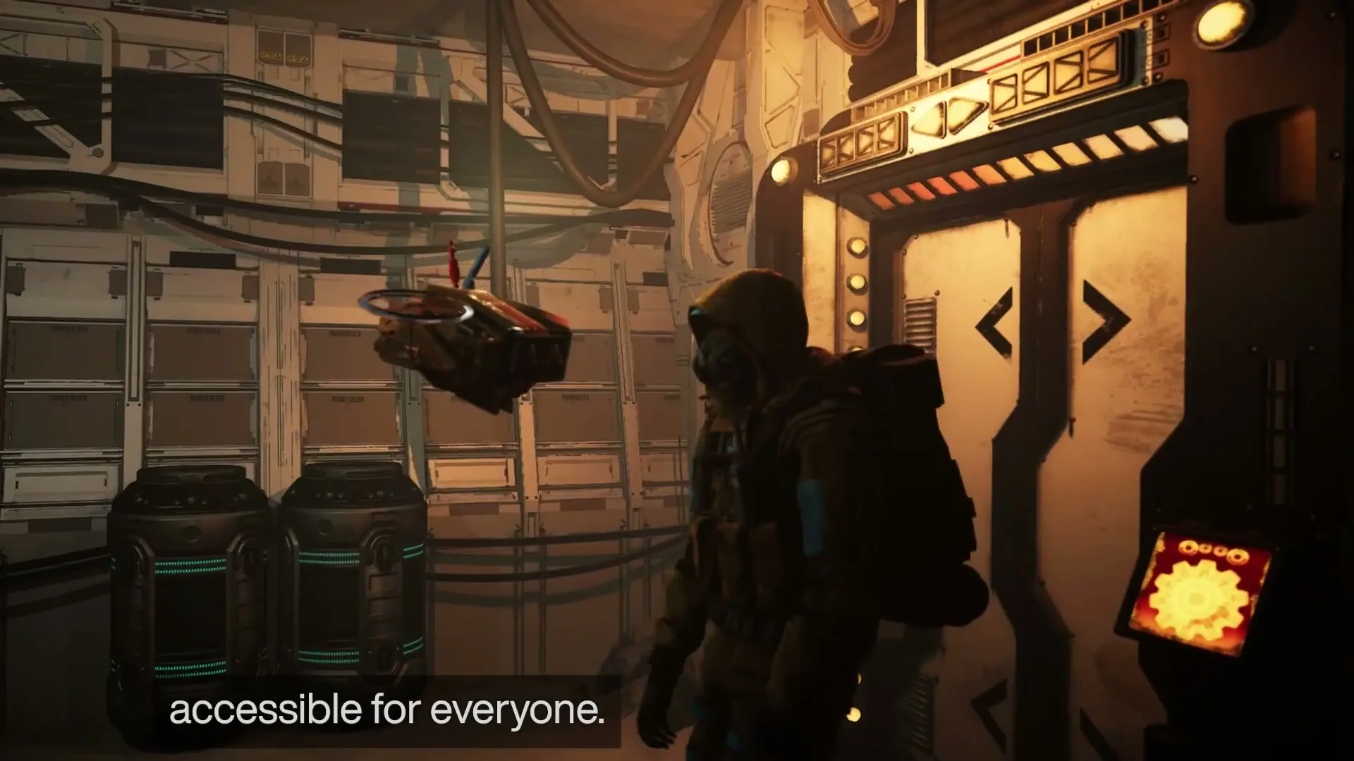 A person in a futuristic suit and helmet stands in a dimly lit, industrial-looking room with a drone hovering nearby.