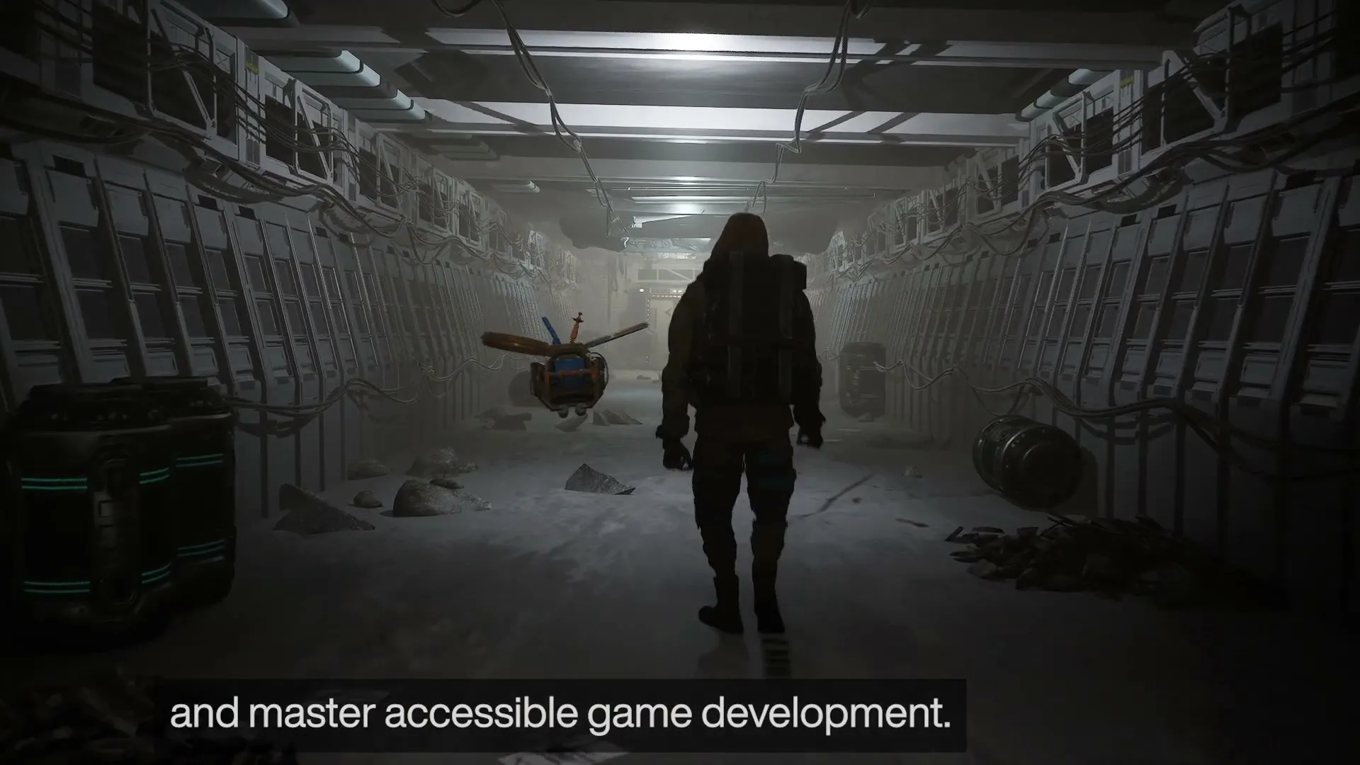 A lone figure in a hooded jacket and backpack walks through a dark, futuristic tunnel with debris on the ground, followed by a small drone.