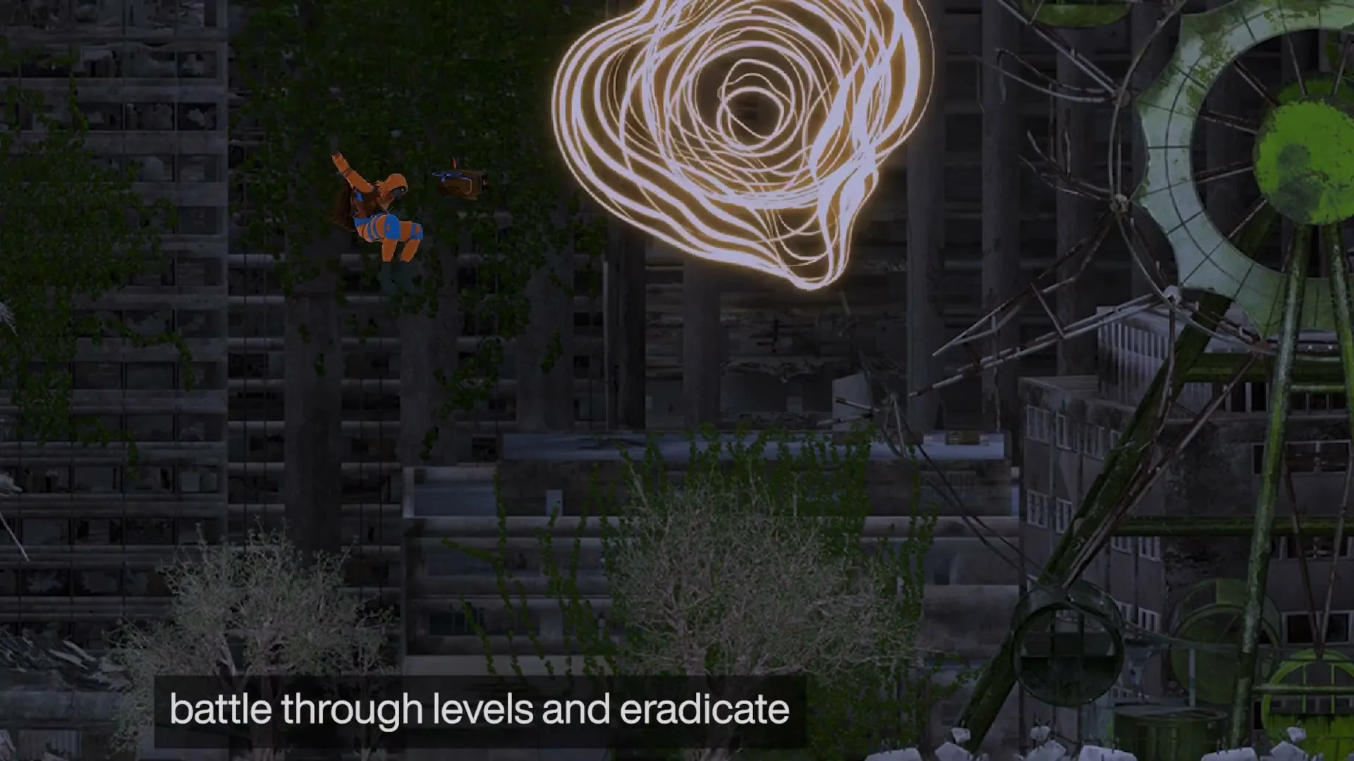 A male character in an orange and blue suit jumps and shoots a purple laser at a glowing orb in a ruined city with an overgrown Ferris wheel.