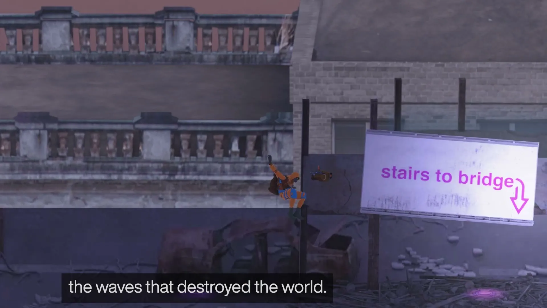 A male character in an orange and blue suit climbs a wall in a ruined city, with a glowing sign pointing to "stairs to bridge" and subtitles at the bottom.
