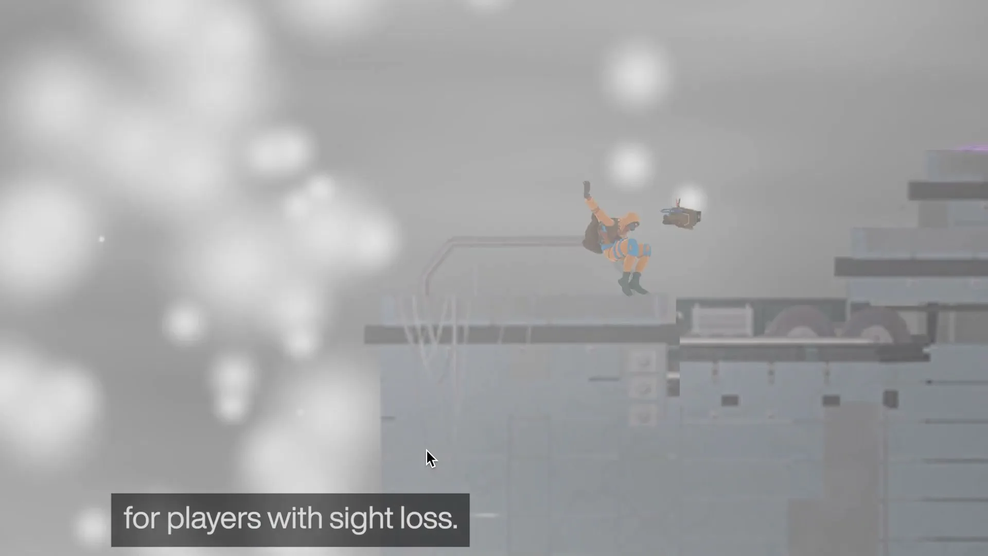 A stylized animated character in orange and blue clothing jumps across platforms in a video game, with on-screen text at the bottom.