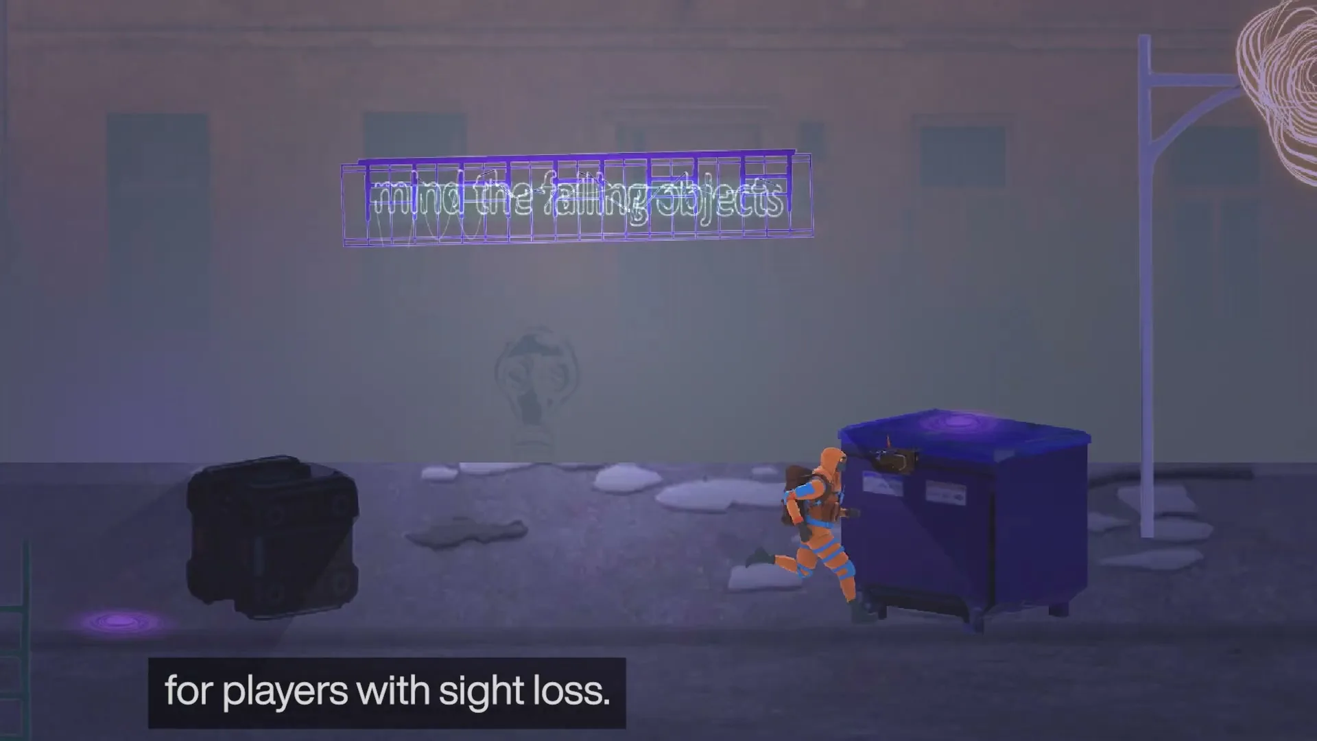 A video game character in an orange suit runs past a blue dumpster and a black crate in a desolate, purple-hued urban environment.