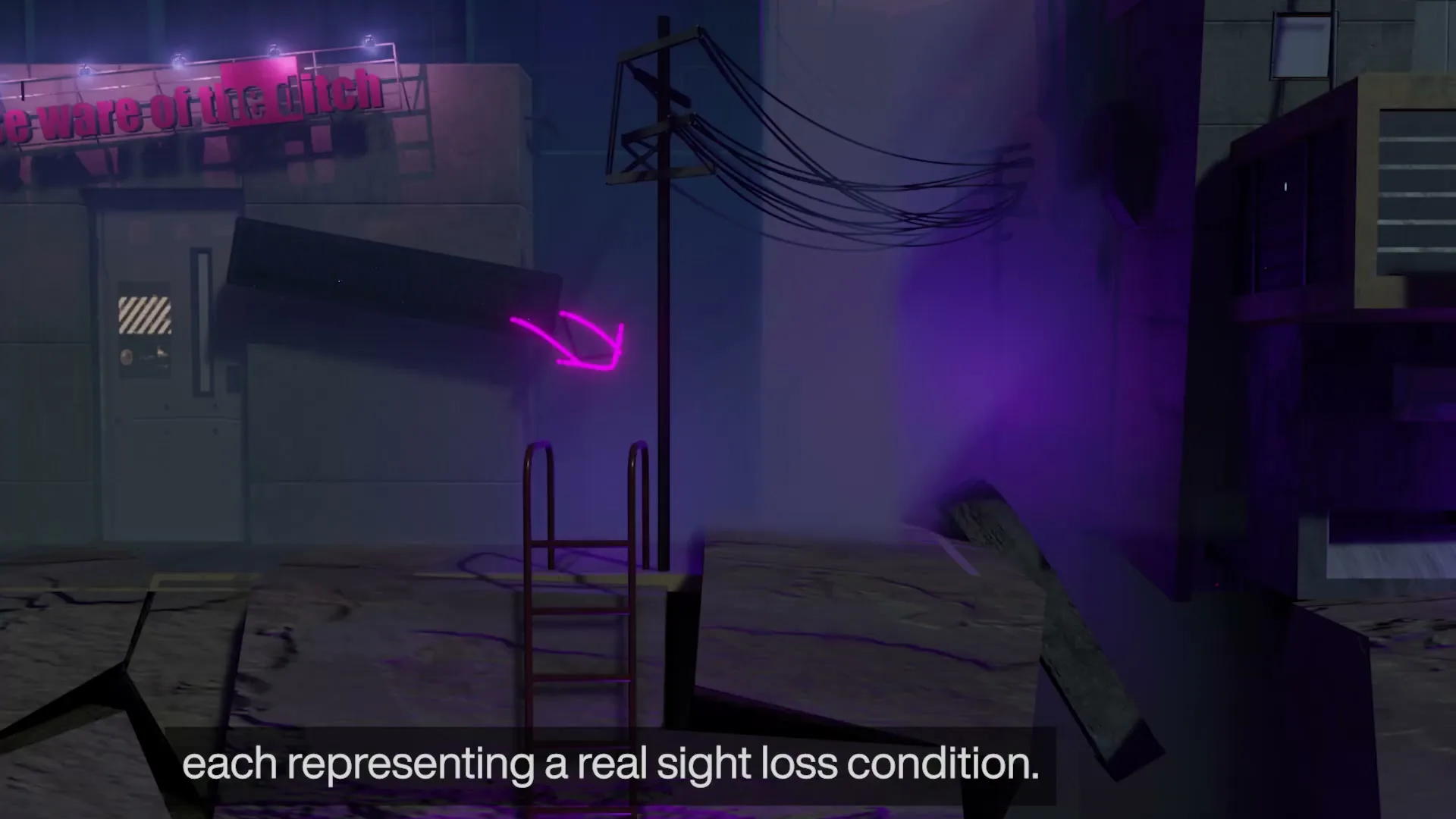 A neon pink arrow points to a ladder in a dark, stylized, post-apocalyptic urban environment with purple smoke and debris.