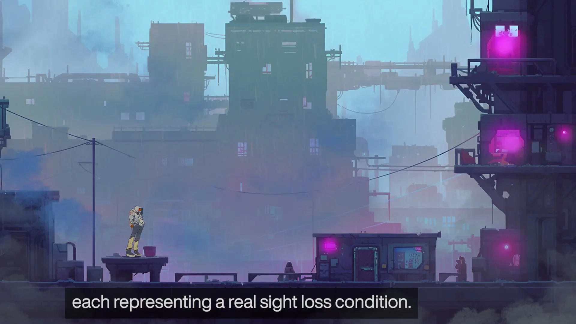 A lone character stands on a platform in a stylized, futuristic city with glowing pink lights and hazy atmosphere, as text appears on screen.